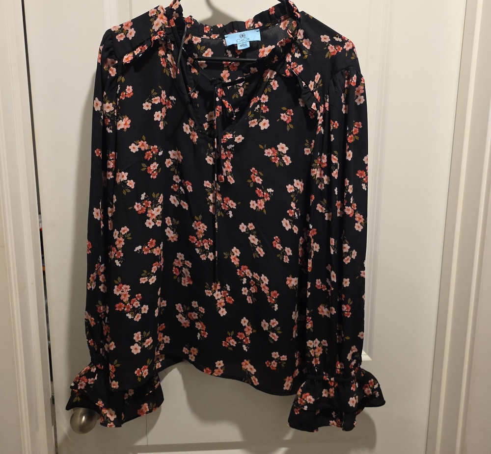CeCe Black Floral Tie-Neck Blouse